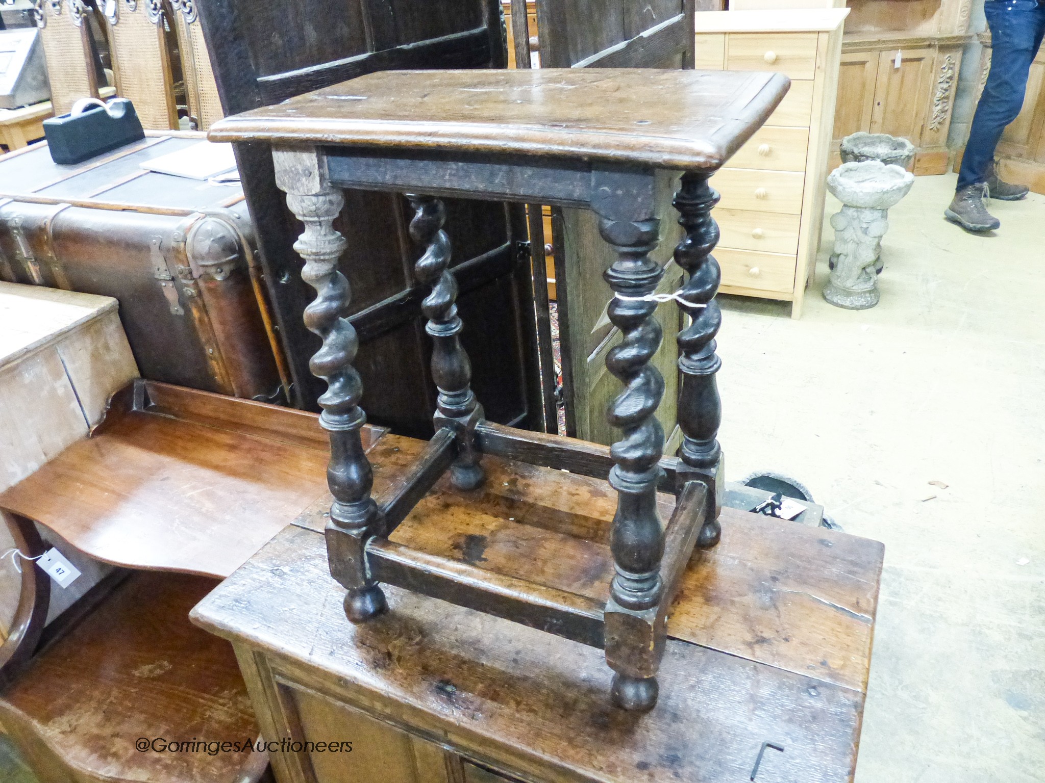 A Victorian 17th century style oak stool, length 46cm, depth 28cm, height 56cm